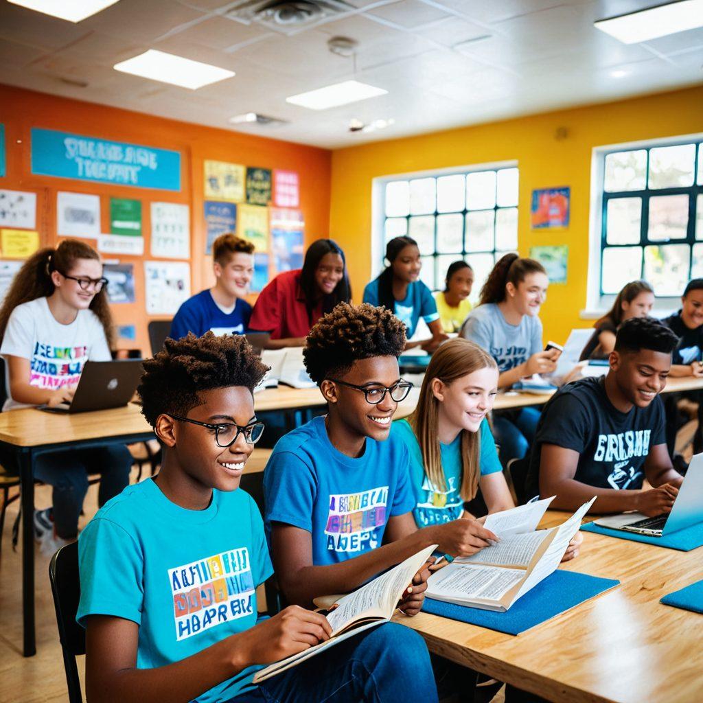 A diverse group of happy teenagers engaged in various activities like reading, sports, and coding in a bright, well-organized community center filled with motivational posters and educational resources. Emphasize inclusivity and positive environment. vibrant colors. super-realistic.