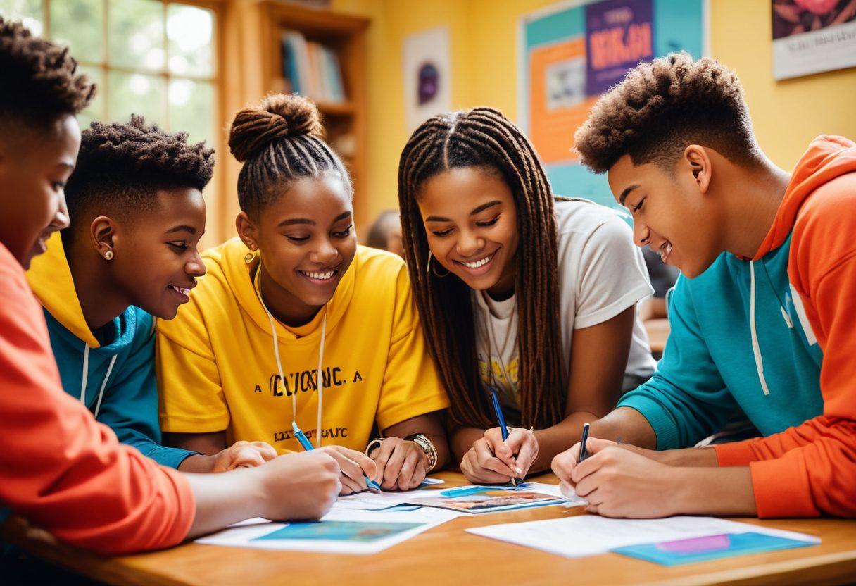 A group of diverse teenagers in a vibrant setting, enthusiastically participating in leadership activities such as team-building tasks, brainstorming sessions, and public speaking. The backdrop should include elements like motivational posters, books, and digital devices, symbolizing resources and programs. The atmosphere should be dynamic and inspiring, reflecting growth and empowerment. super-realistic. vibrant colors.