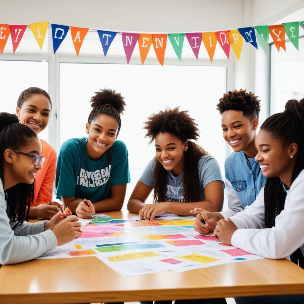 A diverse group of enthusiastic teenagers participating in hands-on leadership activities, such as team-building exercises, community service projects, and brainstorming sessions around a table. Background features a vibrant, welcoming environment with inspirational posters and banners showcasing words like 'Leadership,' 'Teamwork,' and 'Innovation.' super-realistic. vibrant colors. white background.